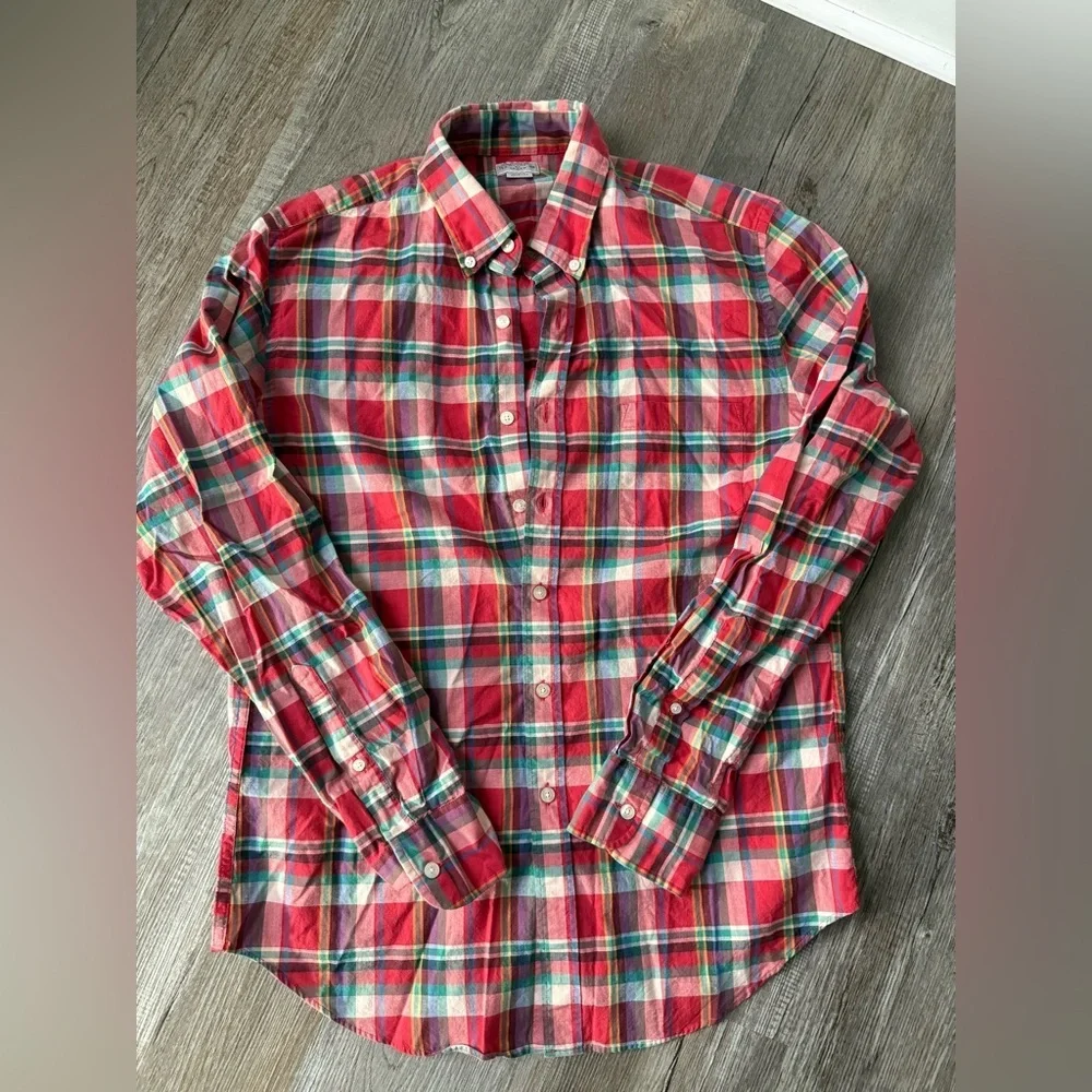 J. Crew Summer Plaid Cotton Button Down Shirt Casual Red Green Size M